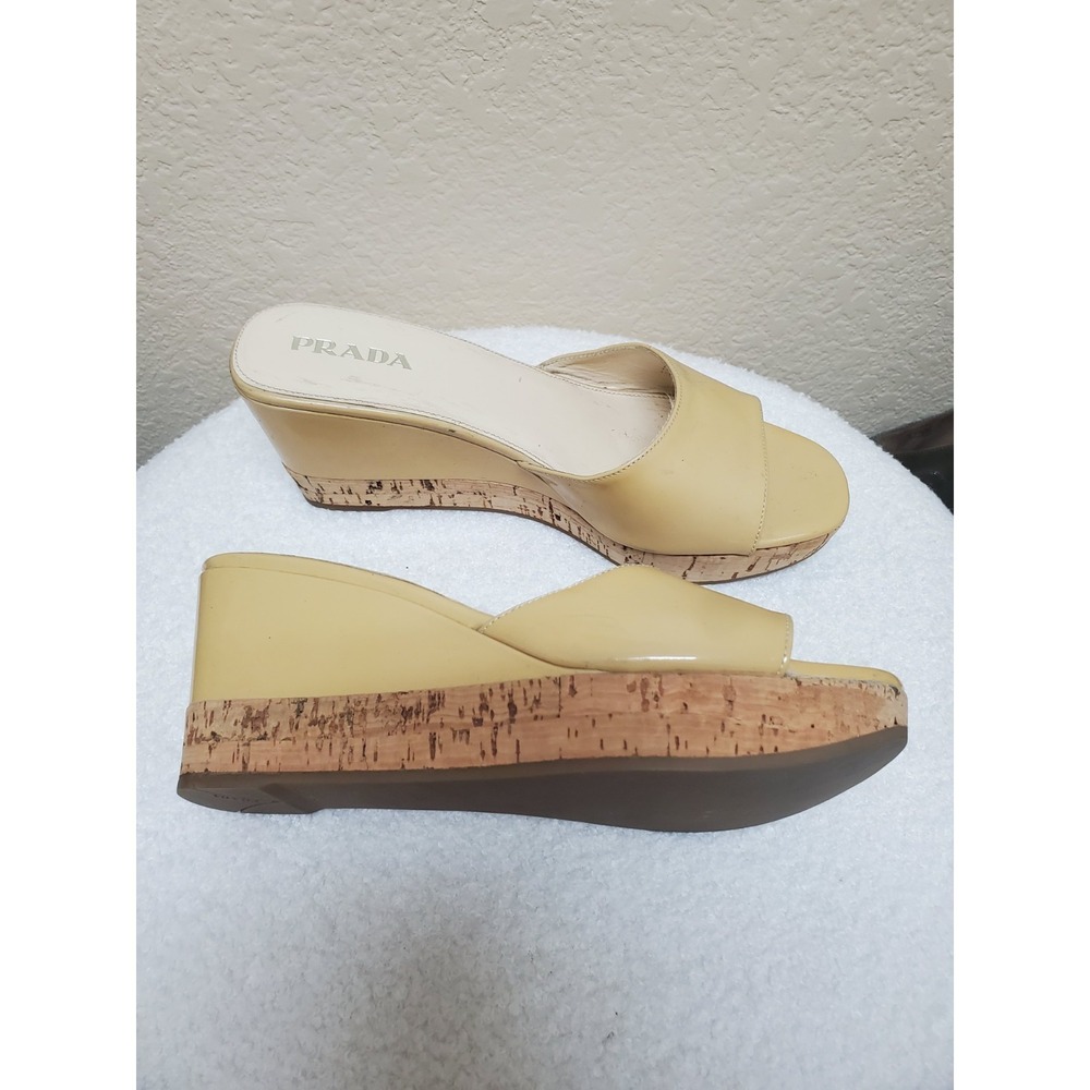 Vintage Prada nude patent leather slip-on wedge‎ sandals, size 37.5 (women's),